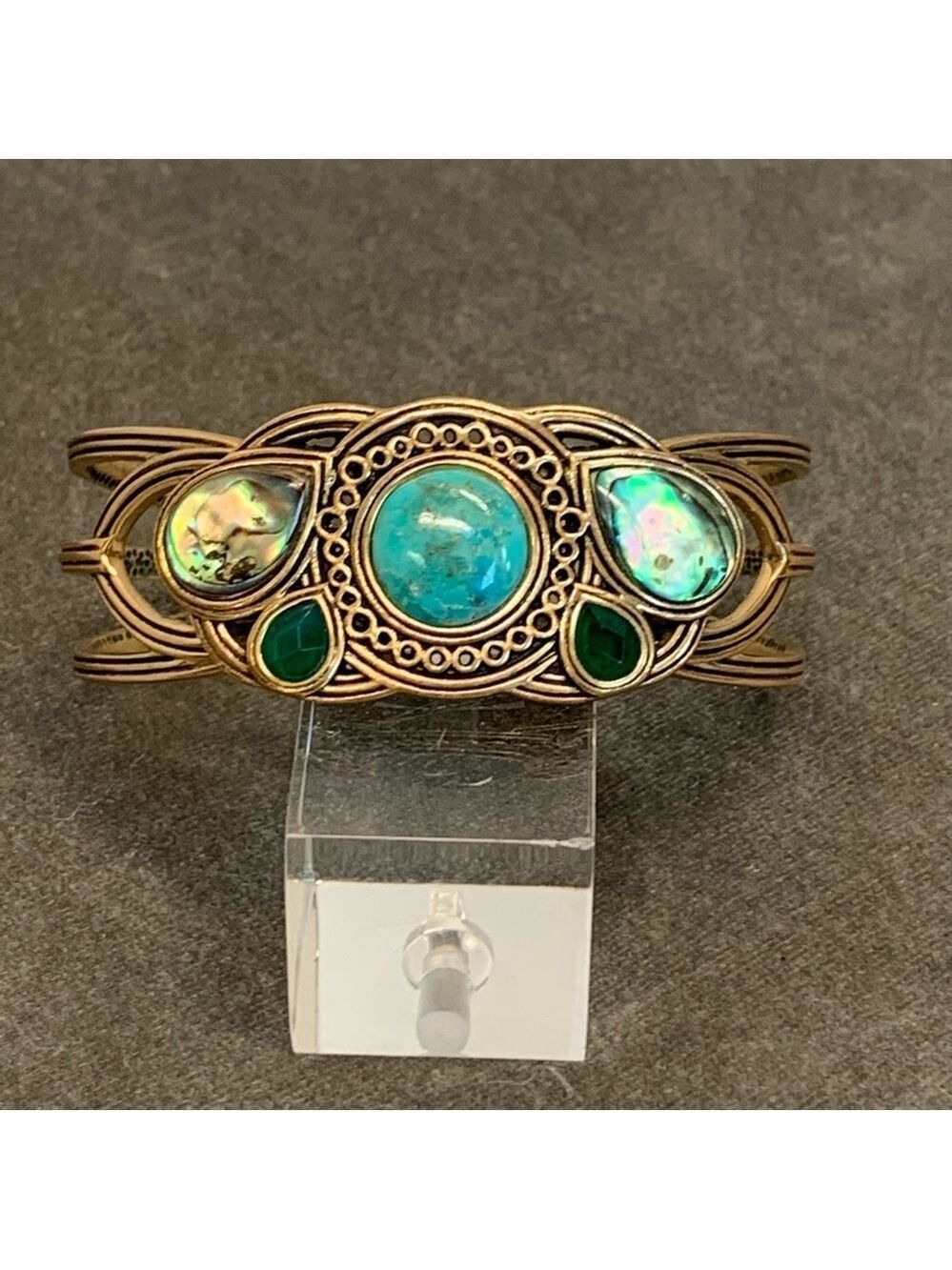 Barse Bronze metal Genuine Turquoise Abalone and green onyx bangle bracelet